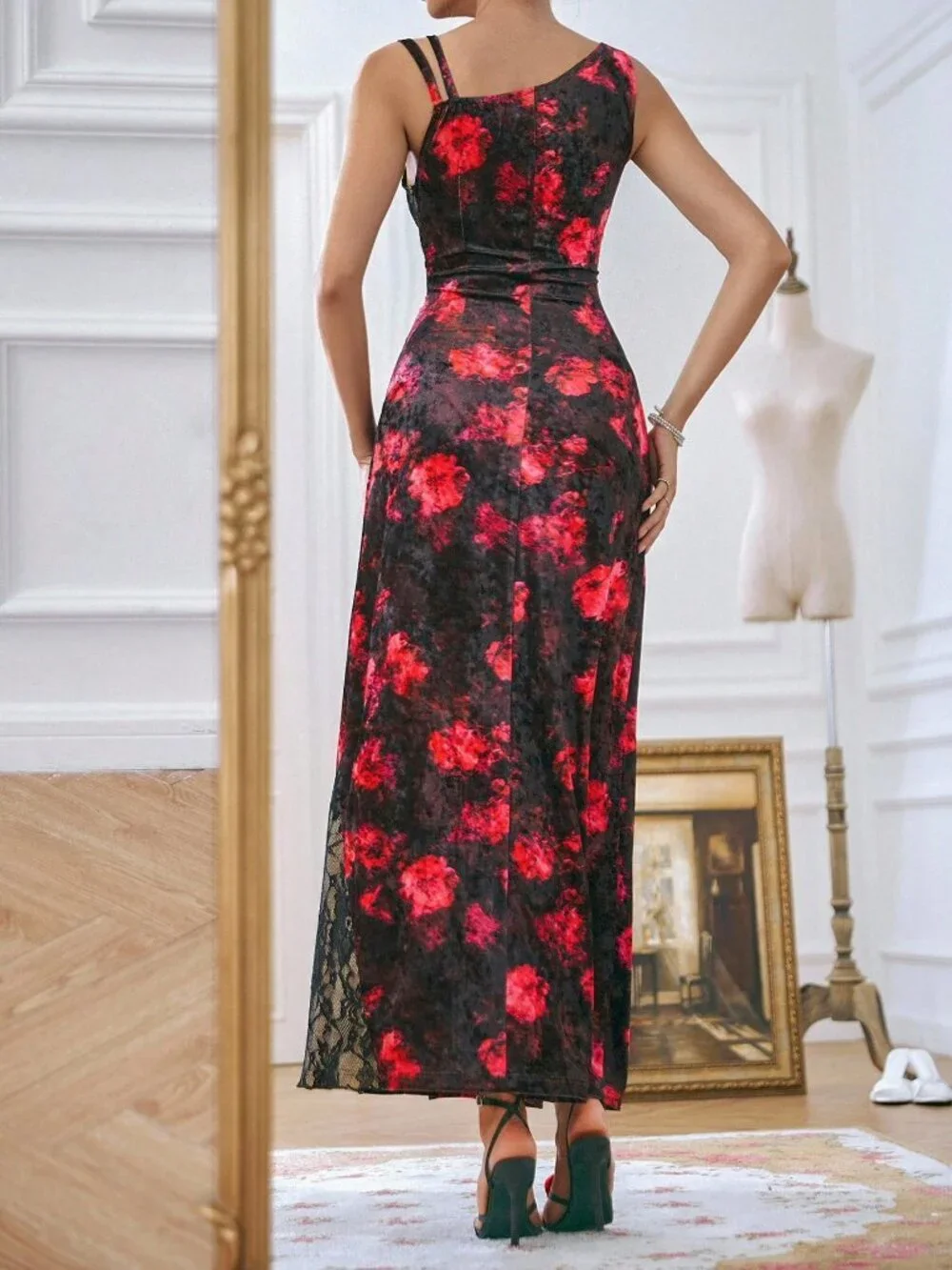 Black Elegant Women's Velvet Printed Oblique Shoulder Lace Patchwork Midi Dress